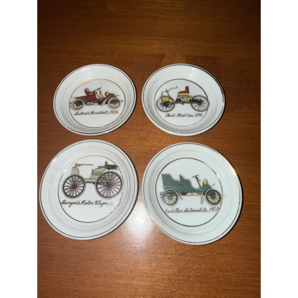 Vintage Porcelain Auto Coasters Set 4 Early 1900s Cars Ford Cadillac Duryea
